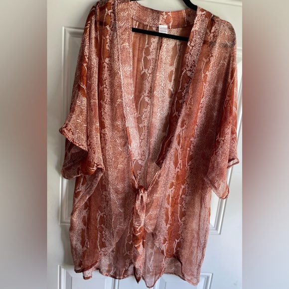 NWOT Gorgeous Sheer Brown Python Design 3/4 Bell Sleeve Kimono Swimsuit Coverup - Picture 8 of 17